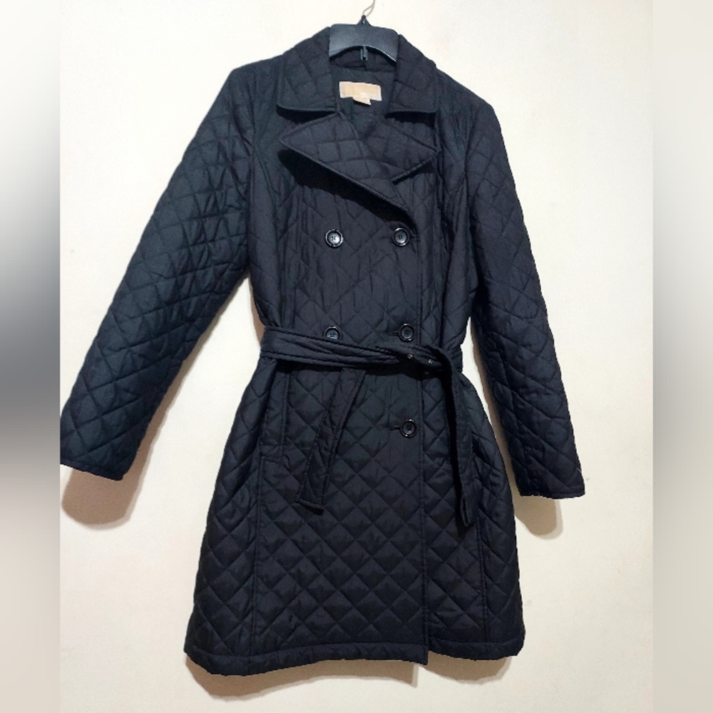 Michael Kors Black Quilted Trench Coat Sz-M - Picture 2 of 8